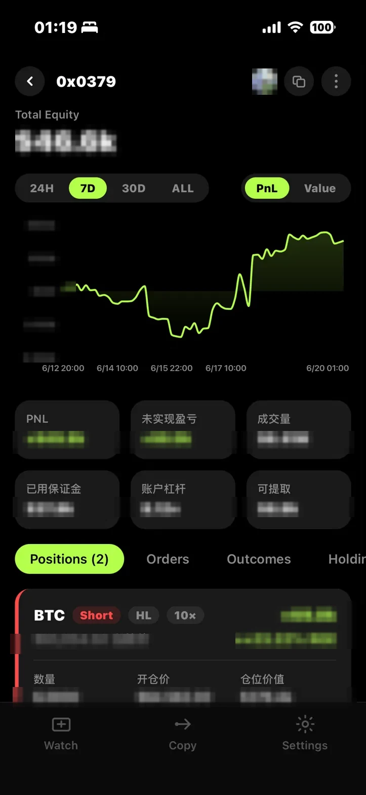 Bytwatch wallet detail screen with live positions and PnL