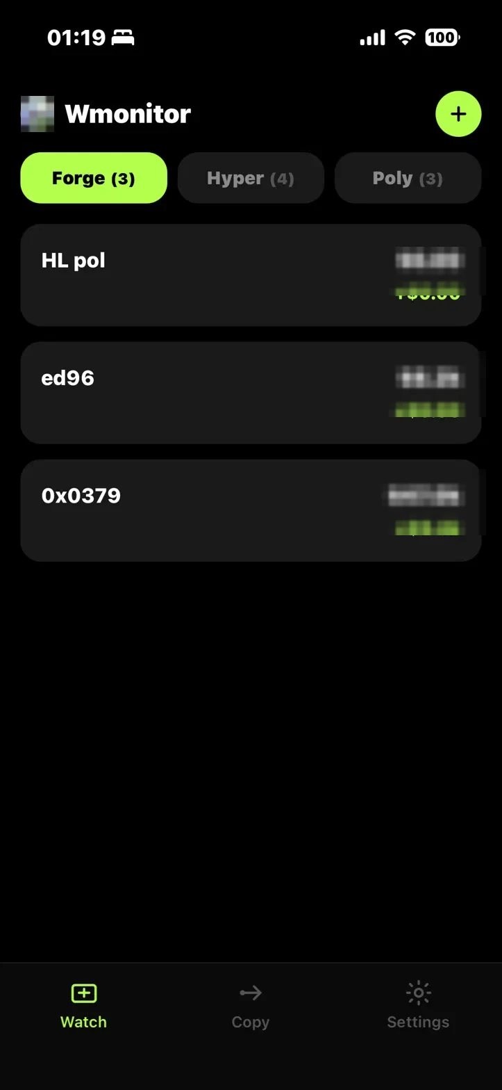Bytwatch Watch screen showing a personal wallet watchlist